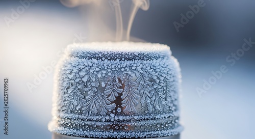 thermos flask covered in intricate frost patterns, with steam gently rising from its opening, highlighting the contrast between cold and warmth.