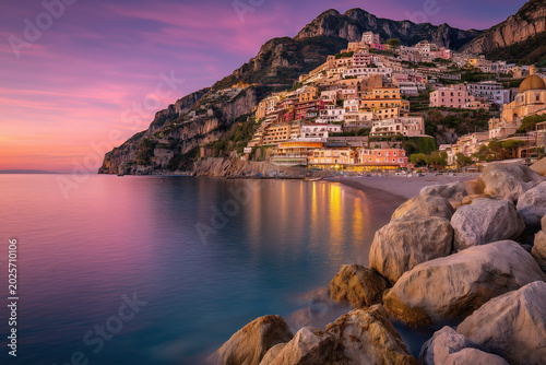 Mediterranean Sunset Above Colorful Houses In Amalfi Coast