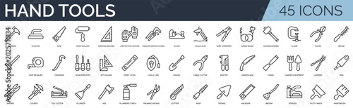 Set of 45 outline icons related to hand tools. Linear icon collection. Editable stroke. Vector illustration