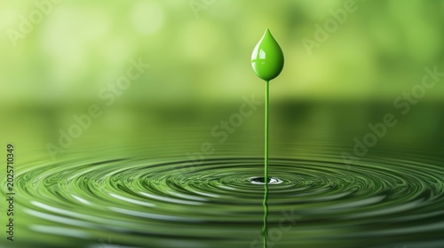 A green droplet resembling a leaf rises from water, creating ripples in a serene environment.