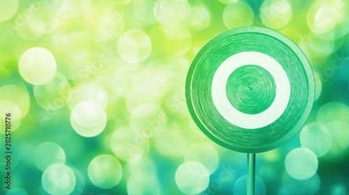 A green circular sign with a concentric design against a soft, blurred green background.