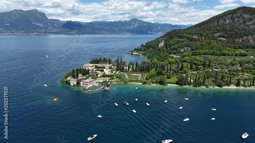 Aerial view of the historical landmark Villa Guarienti on the shores of Lago di Garda