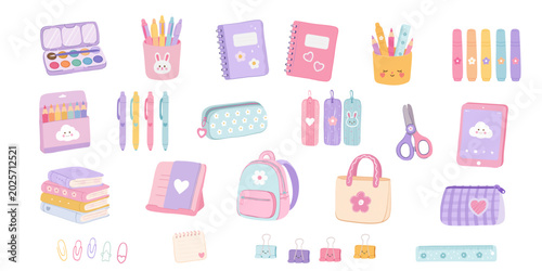 Set of school stationery for September 1. Cute educational illustration for printing children's organizer, study planner, postcards and school design, isolated on white background.