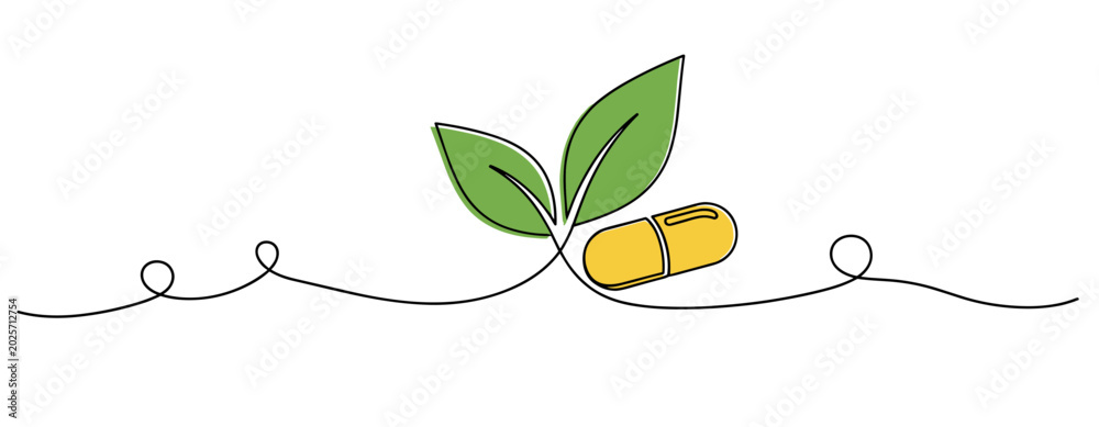 Fototapeta premium Leaf and capsule representing natural supplement on white background. no editable strokes