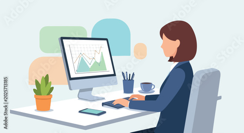 Bild auf Leinwand A female professional sits at an office desk, analyzing financial data on a computer screen with coffee and a plant nearby