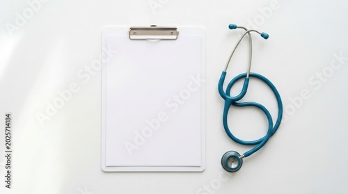 A medical clipboard and stethoscope are placed on a clean white surface for a health check.