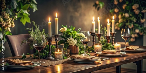 Romantic candlelit dinner setting with wine glasses, rustic wooden table, and floral decorations
