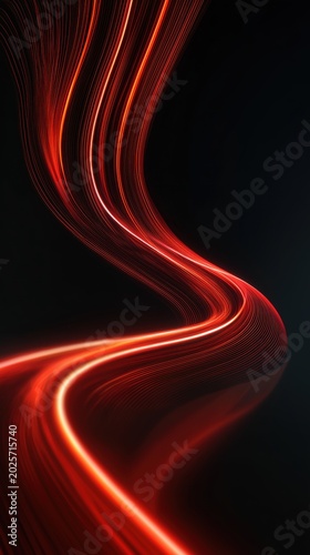 Abstract red light trails flowing in a smooth curve against a dark background, creating a dynamic and vibrant visual effect with reflections