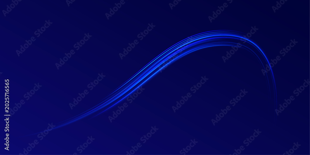 Obraz premium Neon blue spirals shine with smooth flowing reflections. Sparkling energy dots surround luminous motion trails. Elegant curves express futuristic speed.
