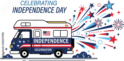 Camper van decorated for a summer holiday party speeds past fireworks.