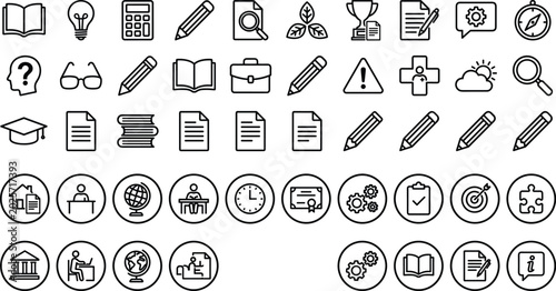 Photos Education and business line icons mega collection featuring linear vector symbol