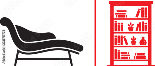 Fotografija Minimalist vector graphic showing a black chaise lounge chair on the left, separated by a vertical red line from a red bookcase filled with books and plants on the right