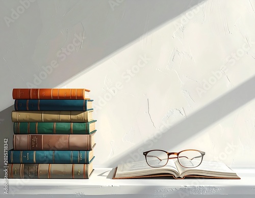 Reading and education concept with stacked books and glasses on table