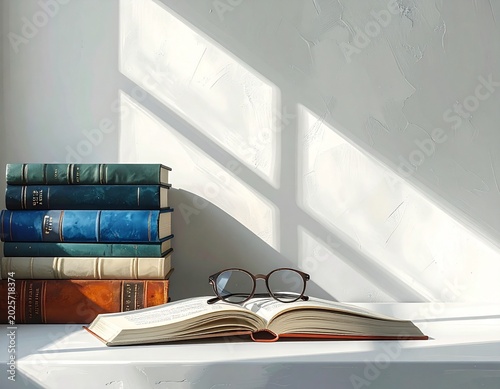 Reading and education concept with stacked books and glasses on table