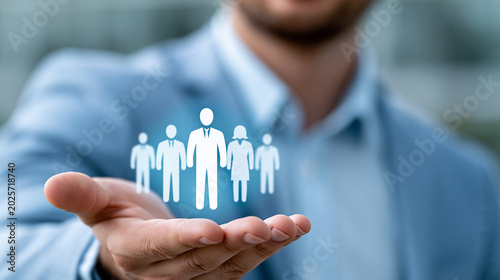 Bild auf Leinwand Close-up of a businessman holding a team leader and employee profile selection h