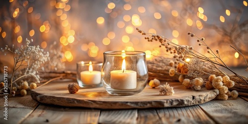 Warm Candlelight and Dried Flowers on Rustic Wooden Surface with Soft Bokeh Lights