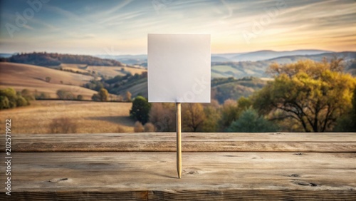 Blank Sign on Rustic Wooden Table with Rolling Hills Background at Sunset