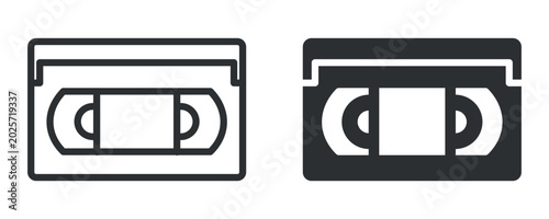 Retro vhs tape icon illustration in black and white design with cassette shapes.