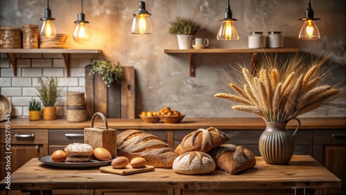 Rustic kitchen scene featuring artisan bread, eggs, and wheat stalks displayed on a wooden table, illuminated by warm pendant lights