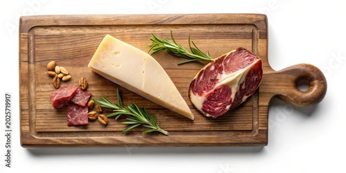 Aromatic Herb Garnish Adorns Gourmet Cheese and Cured Meat Platter on Rustic Wooden Board