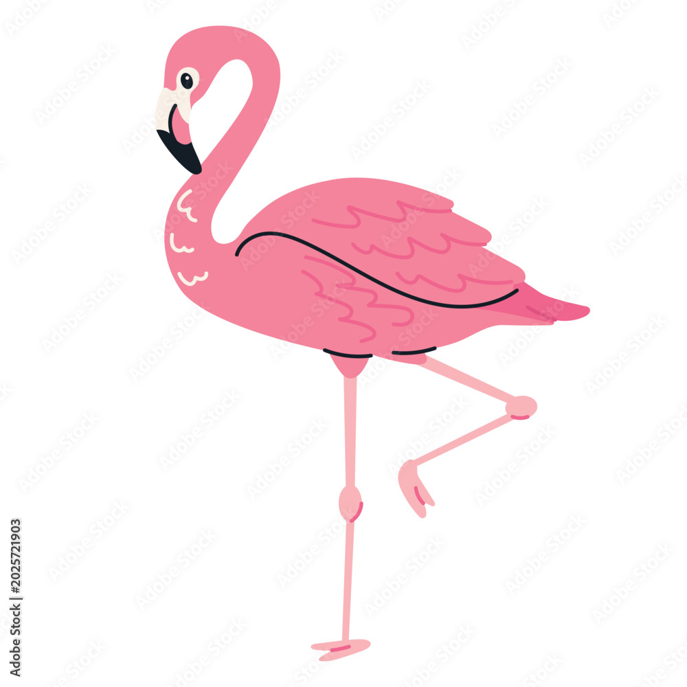 Obraz premium Cute pink flamingo standing on one leg. Tropical exotic bird in trendy cartoon flat style isolated on white background.