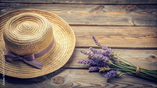 Rustic Still Life Featuring a Straw Hat with a Delicate Ribbon and a Bundle of Dried Lavender on a Weathered Wooden Surface