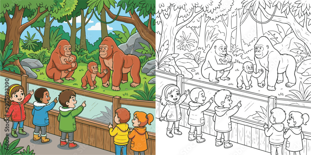 Fototapeta premium children watching gorilla family visiting zoo cartoon clipart and lineart print vector illustration for coloring book
