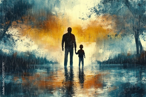 Parent shielding child in rain, pastel illustration, countryside
