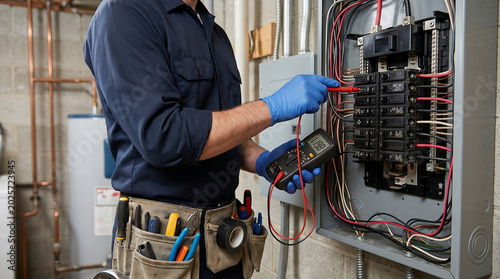 Licensed Electrician Using Digital Multimeter to Test and Inspect Residential Electrical Panel Breaker Box with Full Tool Belt