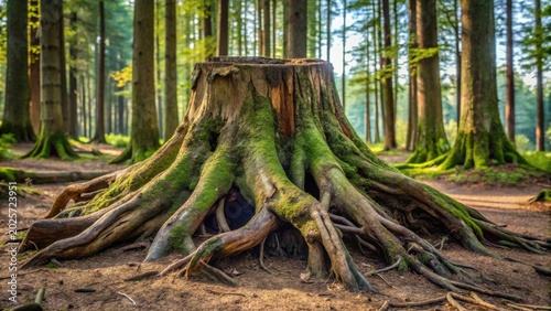 Ancient Tree Stump in Sun-Dappled Forest, Showing Extensive Root System and Lush Green Moss