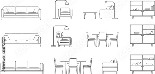 Minimalist furniture collection featuring sofas armchairs dining tables and cabinets for interior design planning line art vector