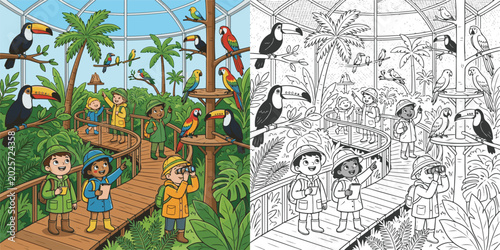 Bilde på lerret children exploring bird aviary visiting zoo cartoon clipart and lineart print ve