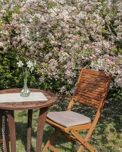 Vertical spring garden cafe patio with wooden chair, table, blooming apple tree, outdoor living scene, floral cottage garden background, no people, rustic countryside mood, seasonal spring lifestyle