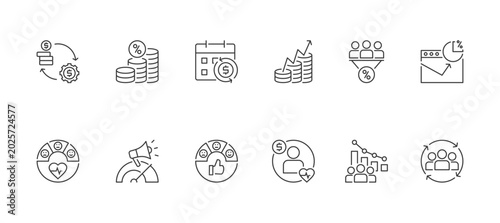 Success Metrics of Business icon set containing break even point (BEP), net profit margin, MRR, ROI, conversion rate, bounce rate, customer health score, NPS, CSAT and CLV vector icons