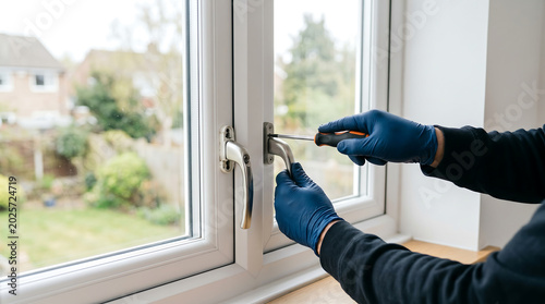 Repairman in Blue Gloves Fixing and Installing Window Handle Lock on White UPVC Casement Window with Screwdriver Inside Home