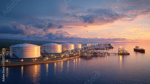 A scenic view of an industrial waterfront at sunset with storage tanks and a moored ship