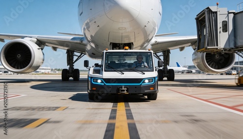 Positioning tow tractor and widebody nose on apron aligned to yellow centerline, driver in dark top