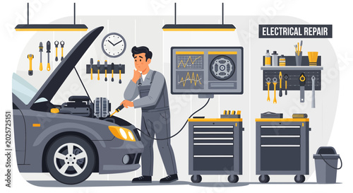 Mechanic repairing car engine in garage.