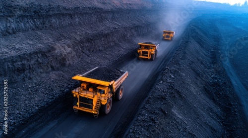 Aerial view of large yellow dump trucks transporting coal through a deep excavation site