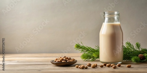 A glass bottle of creamy plant-based beverage sits beside a small bowl of beige-colored seeds and a sprig of evergreen on a rustic wooden surface.