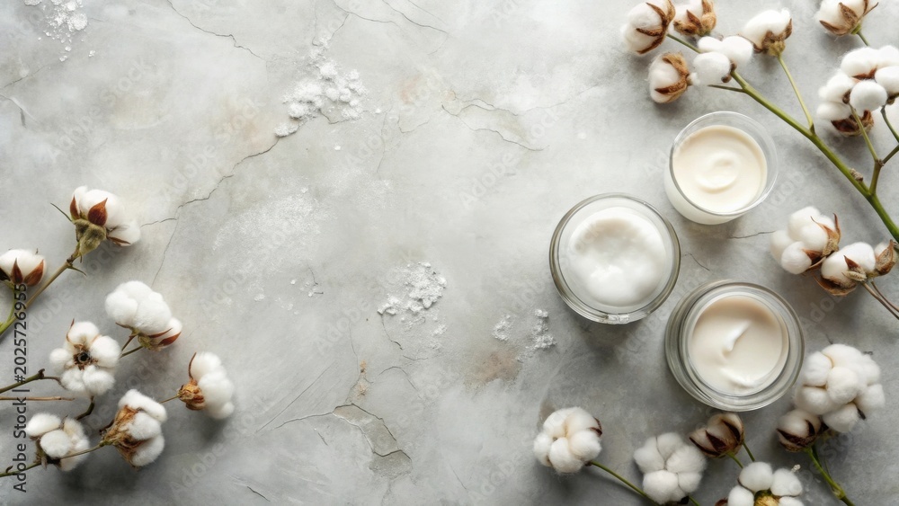 Obraz premium Serene Spa Setting Luxurious Creams and Delicate Cotton Blooms on a Textured Surface