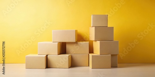 A stack of cardboard boxes against a vibrant yellow backdrop, showcasing various sizes and arrangements for a minimalist product display or storage solution.