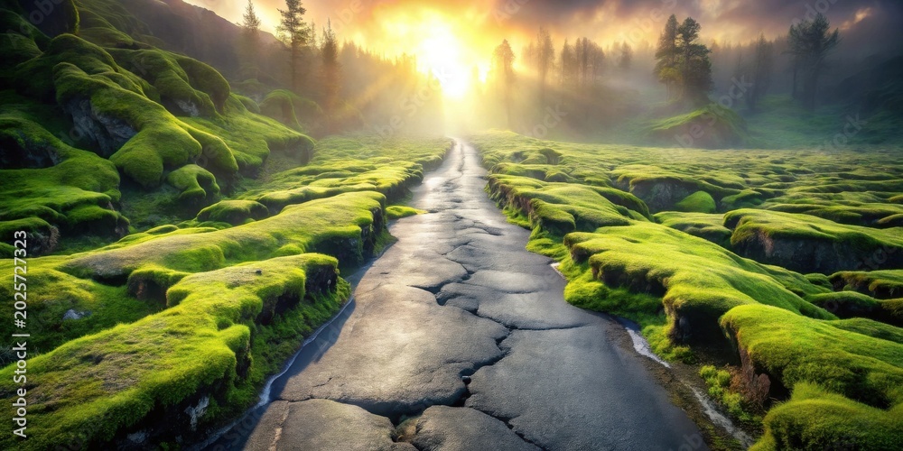 Naklejka premium A sunlit path meanders through a vibrant landscape of lush green moss-covered hills and rocky terrain, bathed in the golden light of a picturesque sunrise.