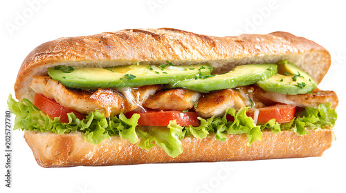 Chicken and avocado sandwich with lettuce and tomato on baguette bread, healthy fast food meal.