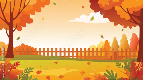 autumn landscape with fence and trees vector illustration