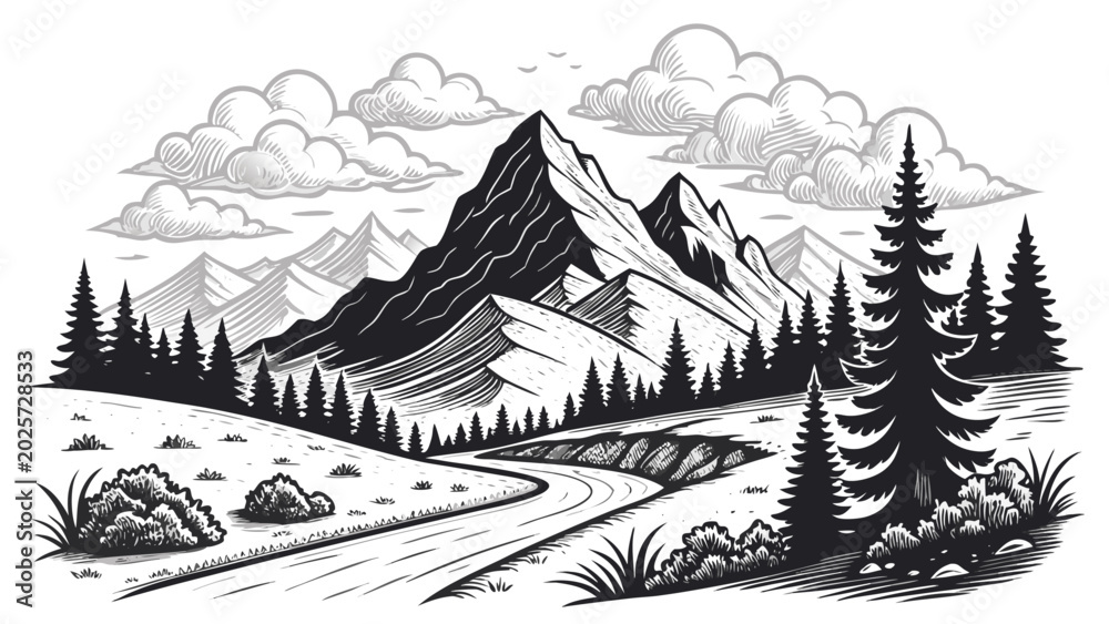 Naklejka premium Black and white mountain landscape scene.