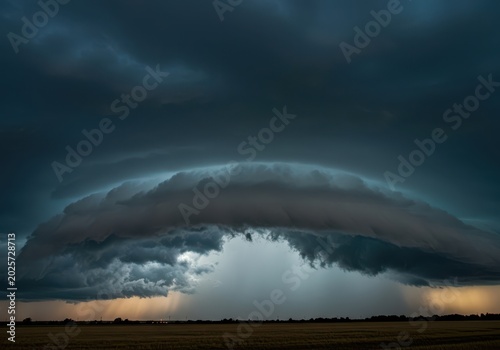 Intense rotating storm clouds dominating the horizon, dark and ominous atmospheric turbulence signaling severe weather approaching quickly, front, atmosphere, vortex