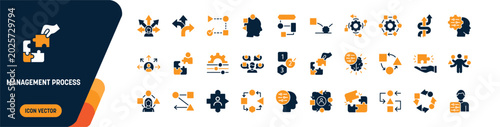 Fotografie Management Process and Strategic Planning Icon Set, Business Workflow Optimization, Project Development, Corporate Decision Making, Leadership Mindset Collection