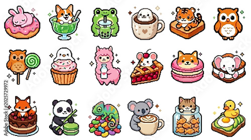 Canvas Print A collection of adorable pixel art animals enjoying various foods and drinks, featuring bunnies, corgis, frogs, tigers, owls, and more in a cute cartoon style