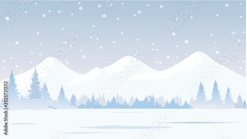 Фотография Winter landscape with snow covered mountains and pine trees